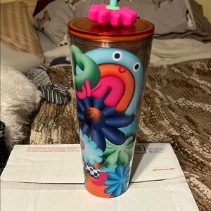 NWT Starbucks Floral Tumbler with Orange Lid with Silicone Strawtopper